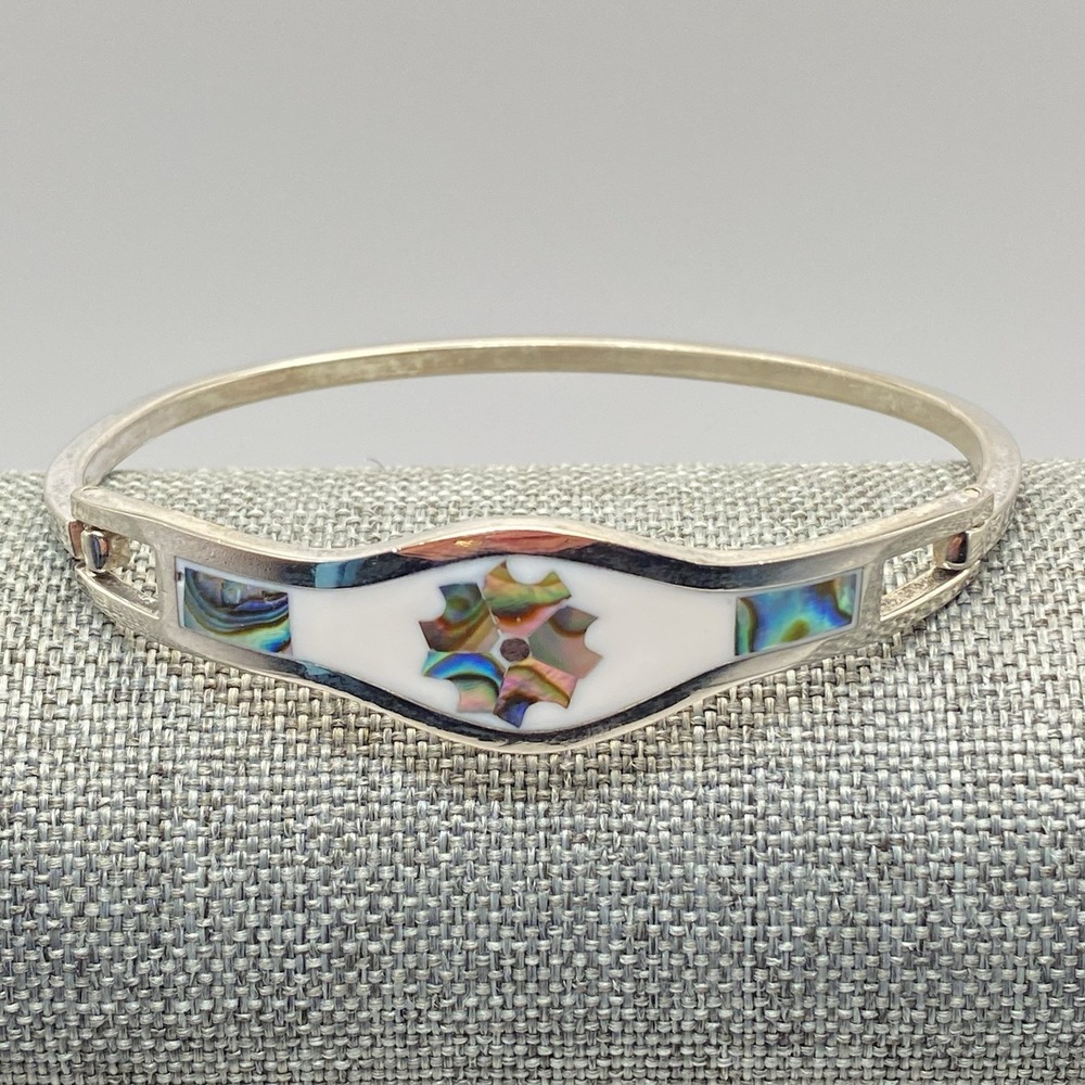 Taxco Sterling Silver Cuff Bracelet Vintage Abalone MOP 2.5" x 2"